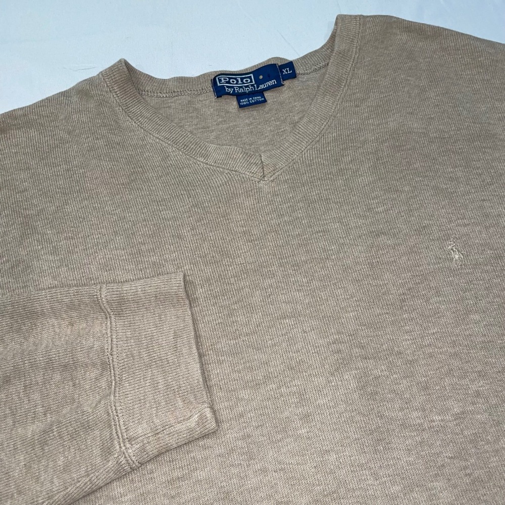Polo Ralph Lauren Mens XL Tan Beige V-Neck Cotton Knit Sweater Pony Logo